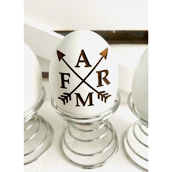 Set of 3 Farmhouse Inspired Farm Symbol Themed Wood Egg & Stand - Picture 3 of 4